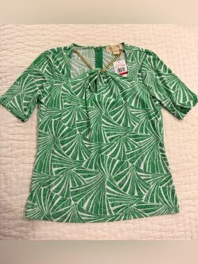 MICHAEL Michael Kors Green and White Leaf-Print Tie-Neck Tunic
